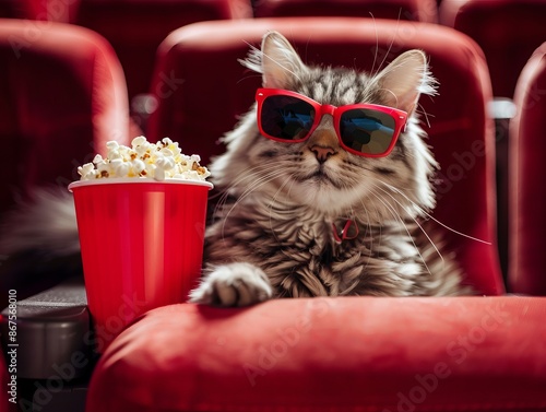 A charming scene with a cat wearing sunglasses and eating popcorn, fun for party-themed abstract concepts and a vibrant wallpaper or background photo