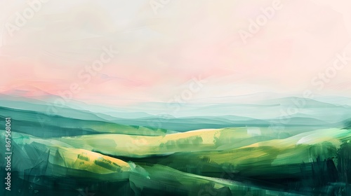 Soft abstract landscape of rolling hills with delicate green and pink hues, evoking a serene pastoral scene photo