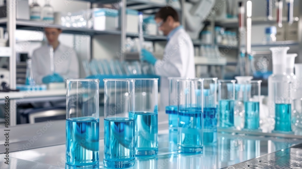 CuttingEdge Science Scientists in Modern Lab with Blue Liquids and Precision Instruments CuttingEdge Science Scientists in Modern Lab with Blue Liquids and Precision Instruments