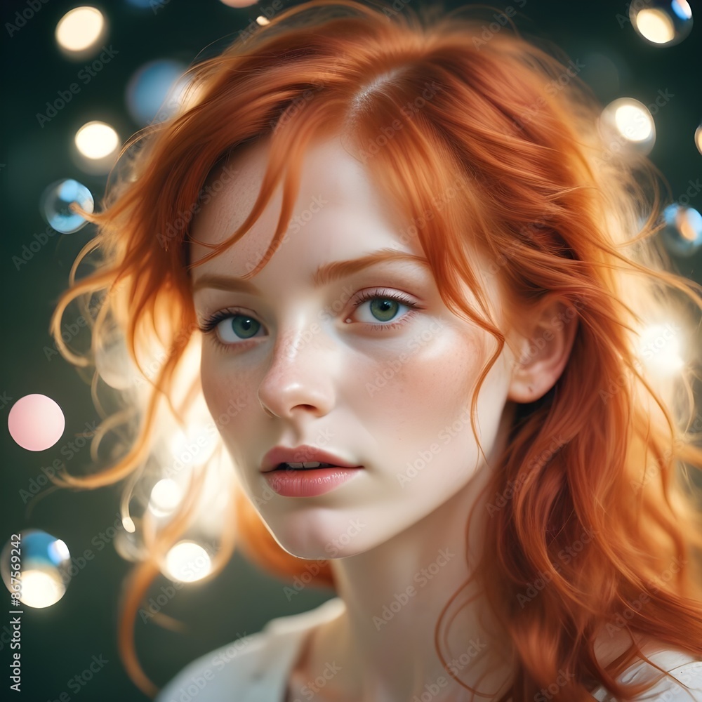 Magical light reflects strokes portrait of a red haired person, motion blur lights, side view, bubbles around her Magical light reflects strokes portrait of a red haired person, motion blur lights, side view, bubbles around her