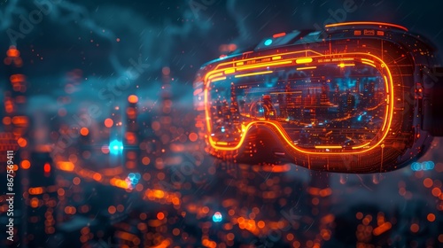 A close-up image of high-tech virtual reality goggles illuminated by neon lights with an abstract cityscape background.