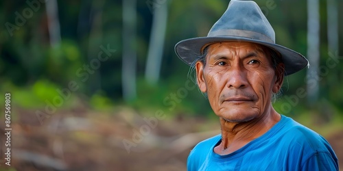 Middleaged Native American in gray hat and blue shirt near deforestation. Concept Nature Conservation, Environmental Awareness, Portrait Photography, Native American Culture, Deforestation Crisis © Ян Заболотний