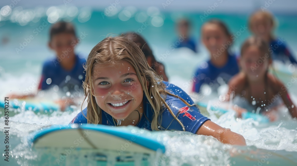 Obraz premium Girl Practicing Surfing - A young surfer trains in the ocean waves