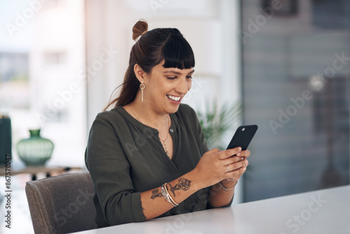 Woman, phone and texting with smile in office for contact, networking or communication at startup. Person, employee and happy with smartphone for notification, deal or email with typing at workplace
