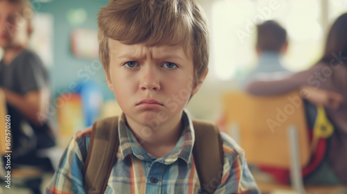 Little children looking sad or crying in the school hallways Bullying within school