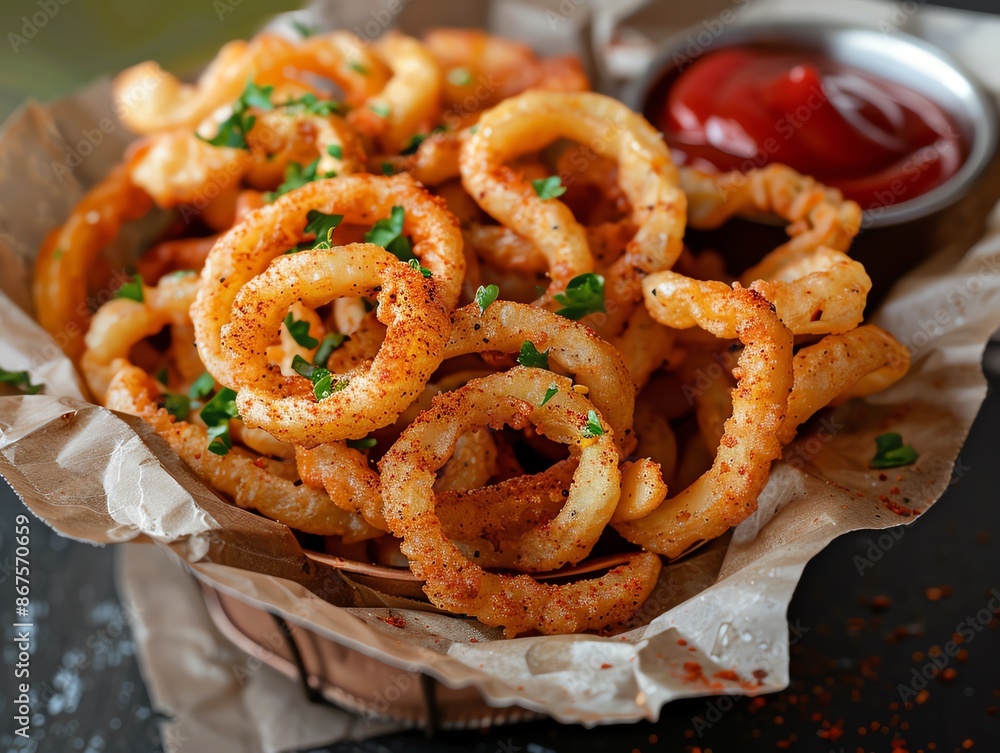 Seasoned curly fries with a sprinkle of paprika, served in a vintage basket with a side of ketchup Seasoned curly fries with a sprinkle of paprika, served in a vintage basket with a side of ketchup