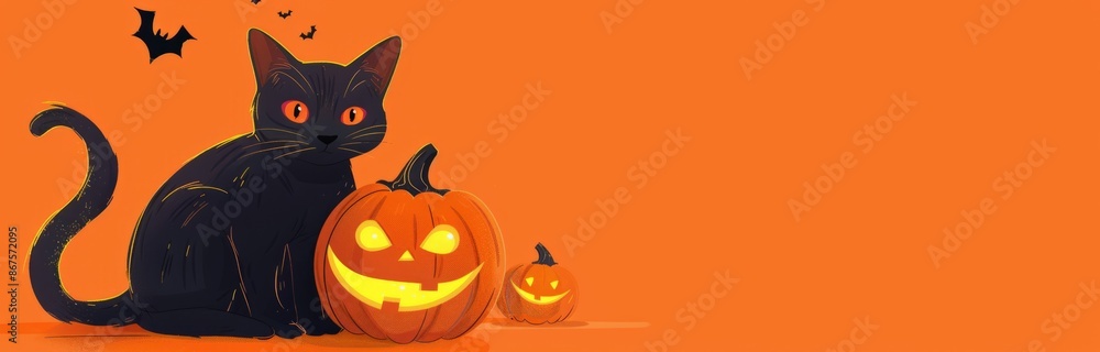 Fototapeta premium black cat with bright orange eyes sitting next to a carved pumpkin with a glowing face. orange background with space for text, Halloween themed banner. 