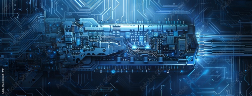High-Tech Circuit Board with Glowing Blue Lights High-Tech Circuit Board with Glowing Blue Lights