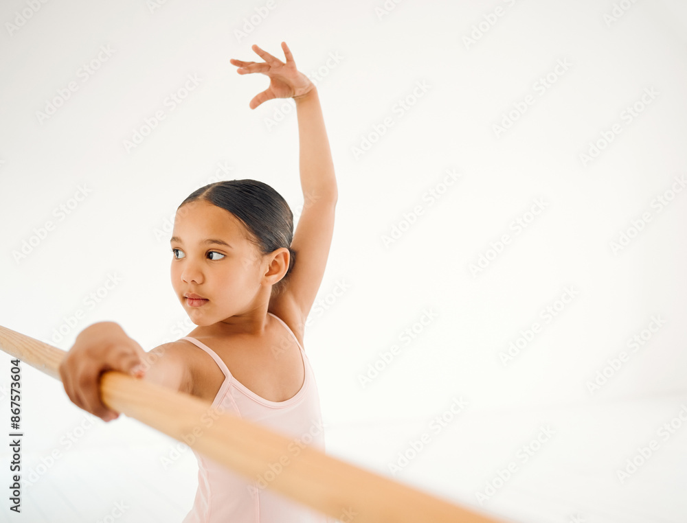 Ballet, girl and dance barre in studio, graceful and first position for balance in performing arts. Dancer, school and technique for elegant student, discipline lesson and development with ballerina Ballet, girl and dance barre in studio, graceful and first position for balance in performing arts. Dancer, school and technique for elegant student, discipline lesson and development with ballerina