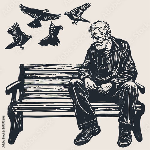 An elderly man sits on a park bench and feeds pigeons, vector illustration