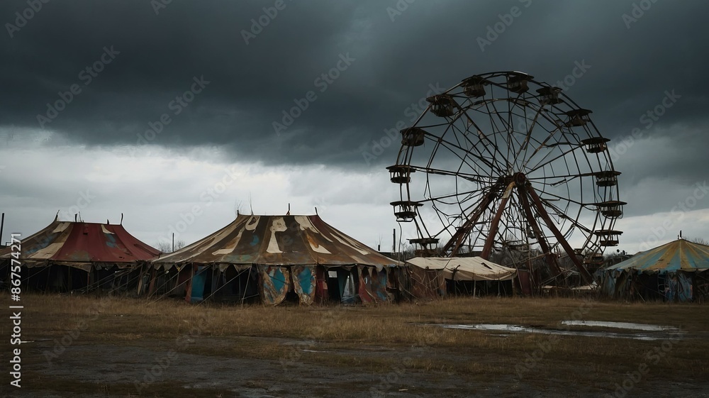 Eerie, abandoned carnival with rusted Ferris wheel and tents under stormy sky. Halloween theme Eerie, abandoned carnival with rusted Ferris wheel and tents under stormy sky. Halloween theme