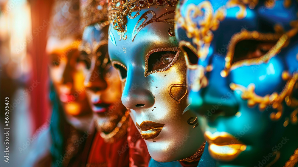 Close-up view of actors wearing beautiful masks and performing a play. Close-up view of actors wearing beautiful masks and performing a play.