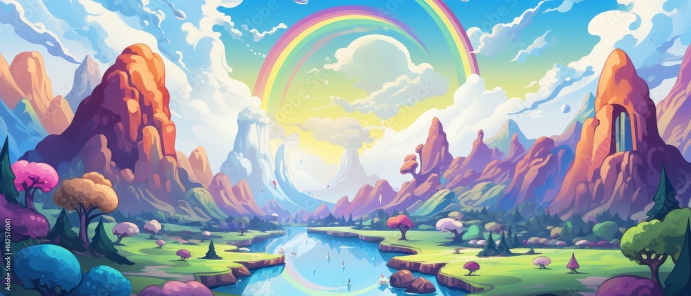 Vibrant cartoon landscape with rainbow, river, and mountains. Fantasy land concept, illustration for children's book. Vibrant cartoon landscape with rainbow, river, and mountains. Fantasy land concept, illustration for children's book.