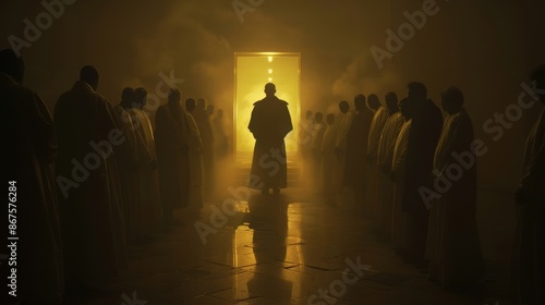 Silhouette of a group of elderly people bowing in submission to a tyrant in a modern uniform