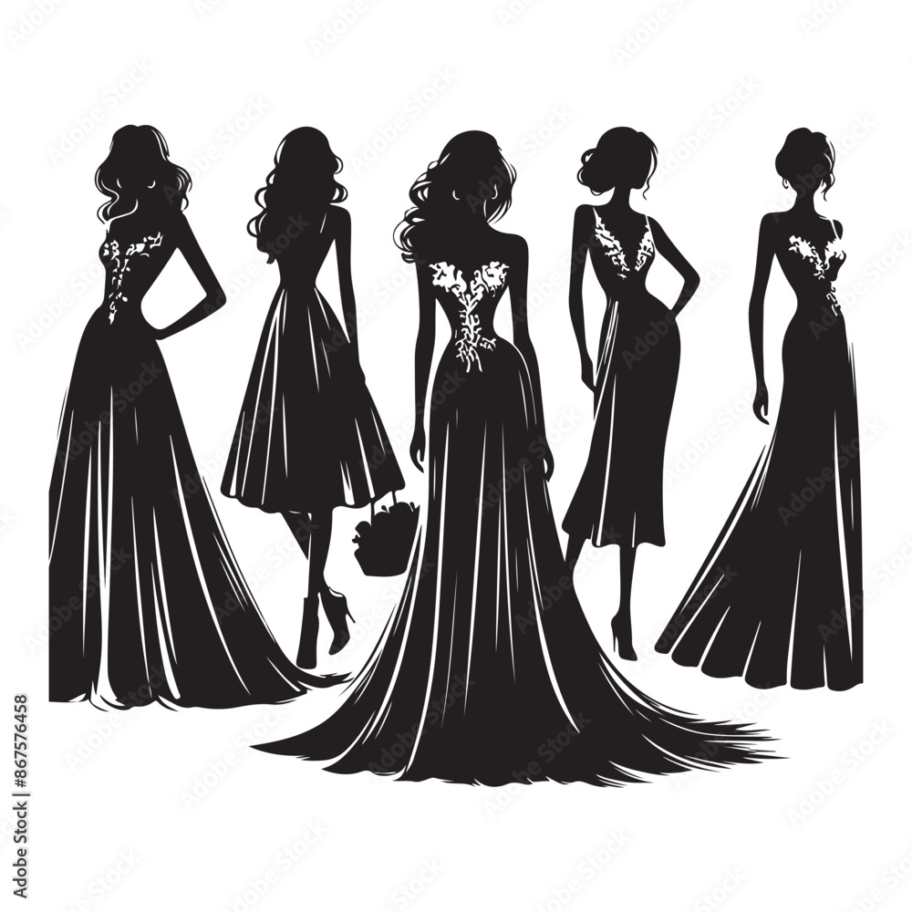 Black silhouettes of women's dresses on a white background Black silhouettes of women's dresses on a white background