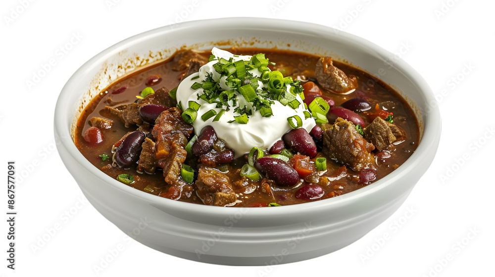 A flavorful beef chili with red kidney beans, topped with sour cream and green onions, on a transparent background A flavorful beef chili with red kidney beans, topped with sour cream and green onions, on a transparent background