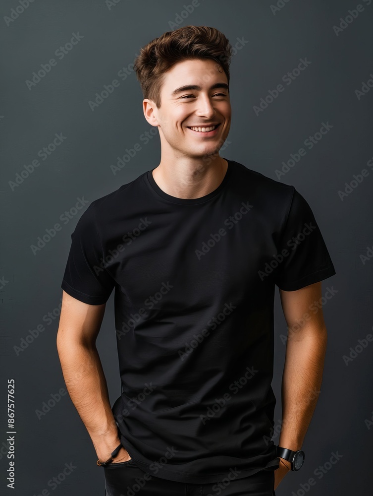A young man in black t - shirt smiling. A young man in black t - shirt smiling.
