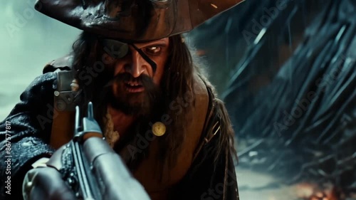 pirate shoots a gun in the rain