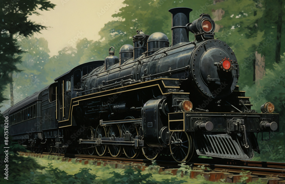 Fototapeta premium a painting of a train on a train track in the woods with trees in the background and a yellow light on the front of the train