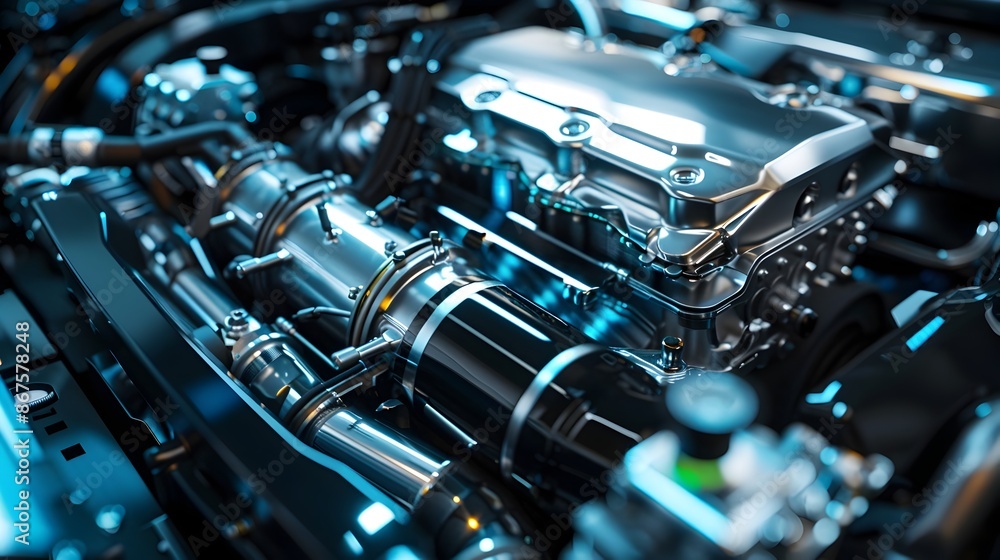 Fototapeta premium Futuristic Hydrogen Fuel Cell Engine in Sleek Modern Car Showcasing Intricate Technology and