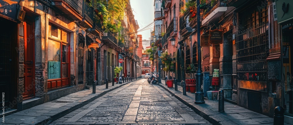 Fototapeta premium Charming European street with warm sunlight illuminating the buildings and cobblestones, perfect for travel and architecture themes.