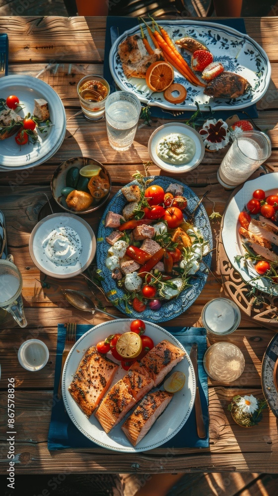 Colorful and appetizing summer lunch spread featuring grilled salmon and fresh vegetables on a rustic wooden table Colorful and appetizing summer lunch spread featuring grilled salmon and fresh vegetables on a rustic wooden table