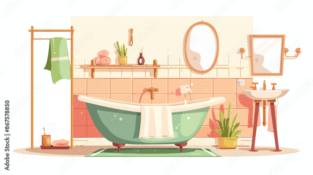 Cartoon bathroom interior. Tub and sink flat restroom Cartoon bathroom interior. Tub and sink flat restroom