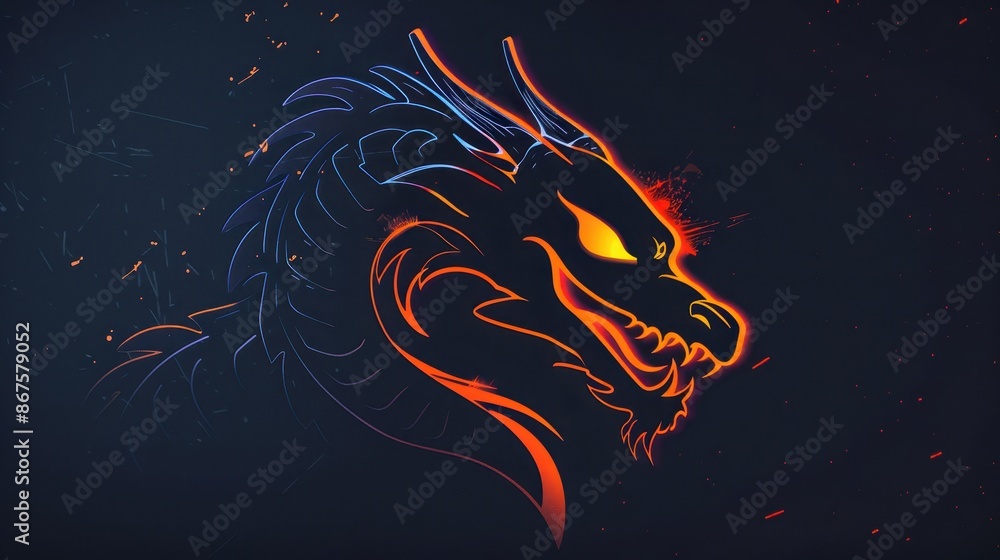 Stylized dragon head with a neon-like glow, rendered in a digital art style. The dragon is predominantly orange and red with blue highlights, set against a dark background Stylized dragon head with a neon-like glow, rendered in a digital art style. The dragon is predominantly orange and red with blue highlights, set against a dark background