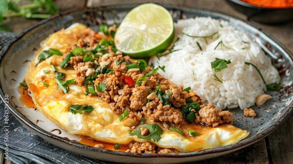 Savory Thai Style Chicken Omelet with Jasmine Rice Serving Savory Thai Style Chicken Omelet with Jasmine Rice Serving