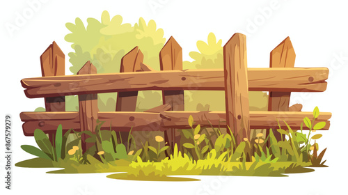 Cartoon rural wooden fence in green grass vector