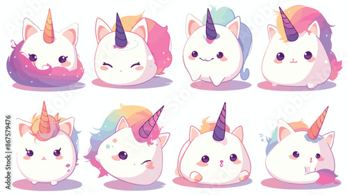 Catroon cute white cat unicorns vector set. Unicorn 