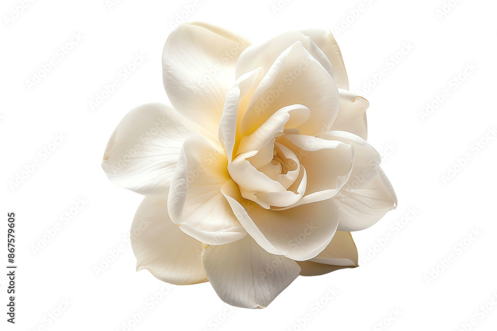 Fototapeta premium Close-up of a delicate white flower with intricate petals, isolated on a white background. Ideal for nature, botanical, and floral design projects.
