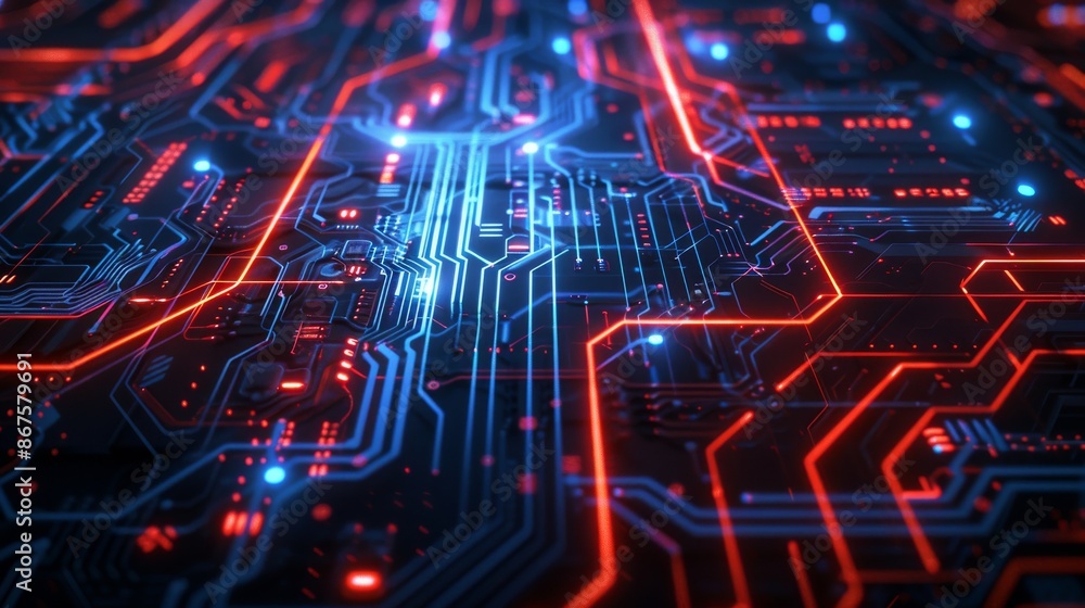 Close-up of glowing circuit board with red and blue lights. Technology and futuristic concept Close-up of glowing circuit board with red and blue lights. Technology and futuristic concept