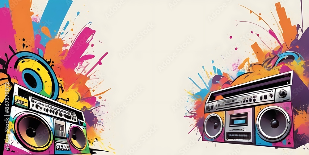 Fototapeta premium Vintage Tape recorder with graffiti concept, isolated on copy space with soft background, illustration.