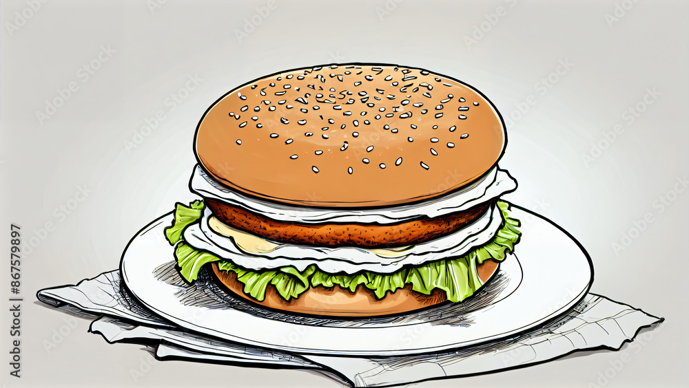 Illustration of a Delicious Hamburger on a Sesame Bun with an Appetizing Salad, Cheese and Meat Patty: an Artistic Sketch of Gastronomic Joy Illustration of a Delicious Hamburger on a Sesame Bun with an Appetizing Salad, Cheese and Meat Patty: an Artistic Sketch of Gastronomic Joy