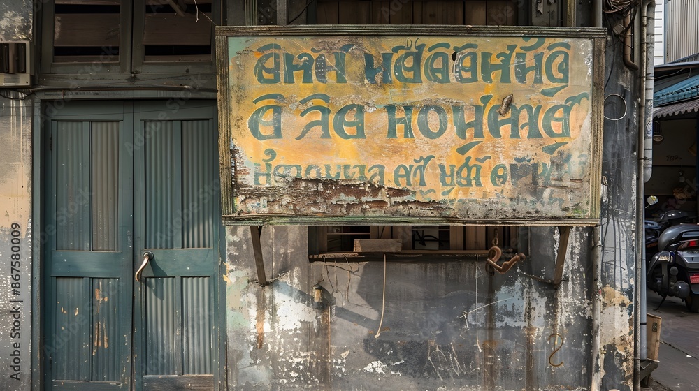 Fototapeta premium Vintage Thai Market Sign with Traditional Calligraphy and Weathered Appearance