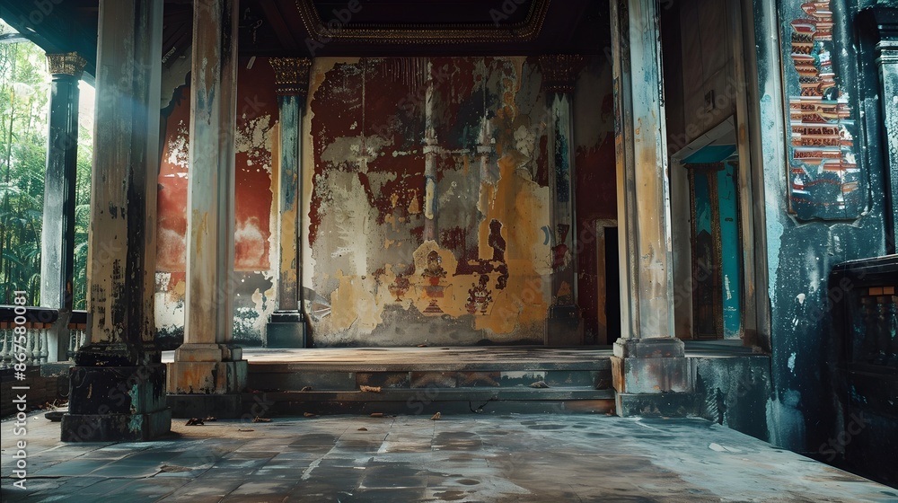 Weathered Thai Temple Murals in Soft Ambient Lighting Weathered Thai Temple Murals in Soft Ambient Lighting