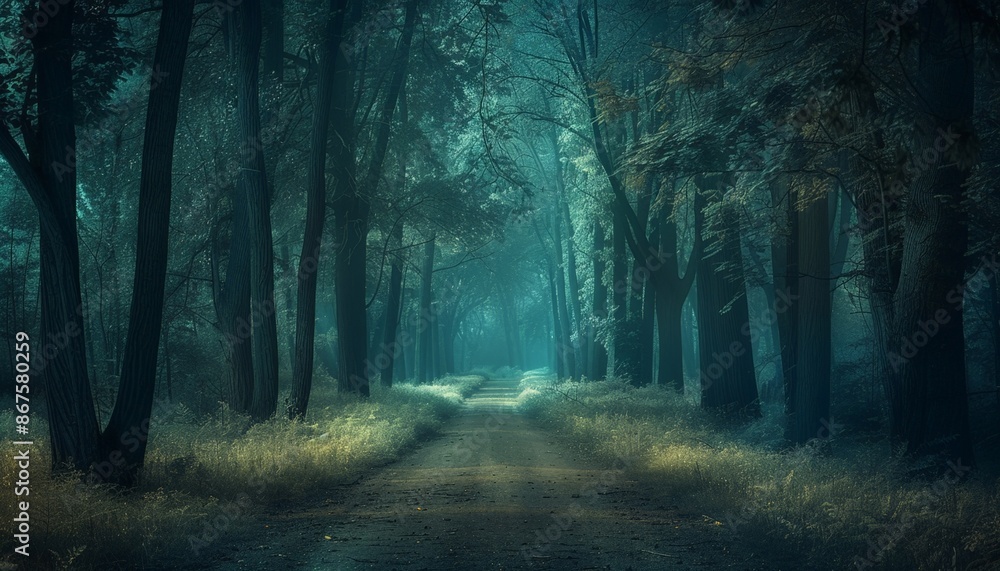 Fototapeta premium Moonlit Forest Path: Serene Nighttime Hike Through Tall Trees
