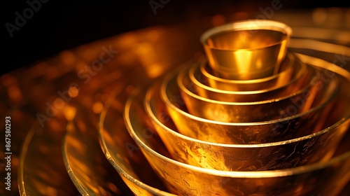 Stacked Golden Bowls with Shiny Metallic Textures and Elegant Design