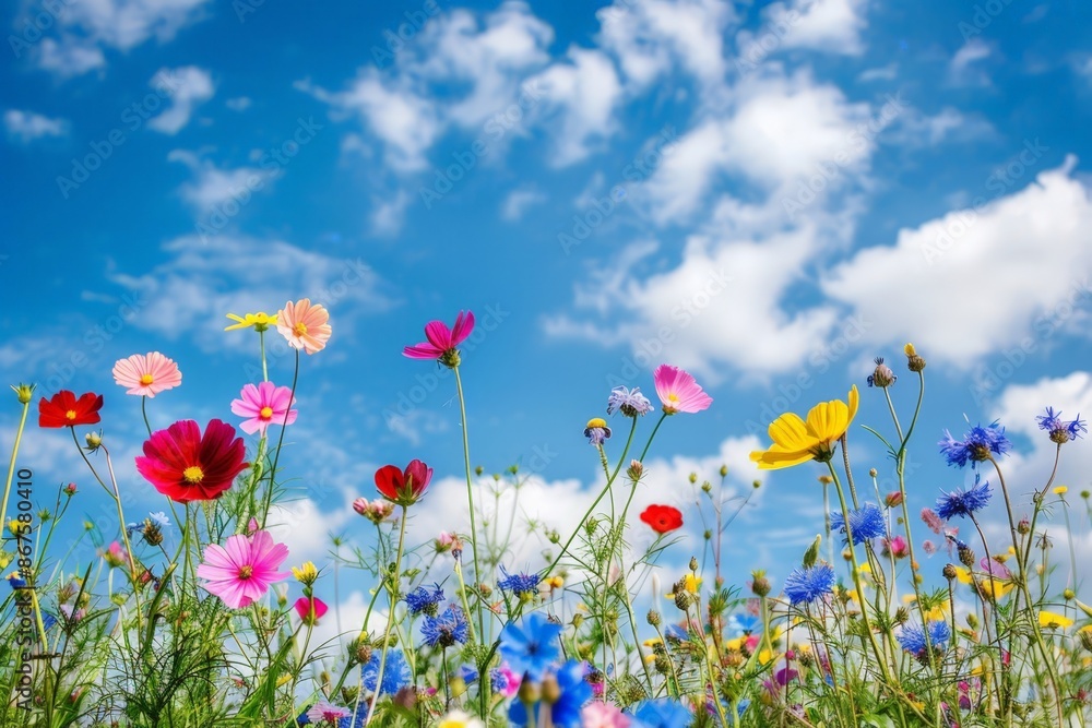 Vibrant Wildflower Field with Clear Blue Sky and Fluffy White Clouds Vibrant Wildflower Field with Clear Blue Sky and Fluffy White Clouds