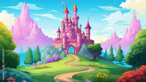 Fairytale Pink Castle. Magical Illustration of a Dream Castle for Children's Books or Games