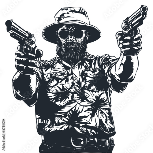 Bearded bandit in Hawaiian shirt and Panama hat with two pistols, vector illustration
