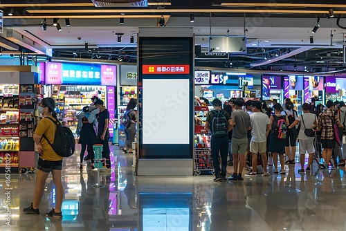 Digital kiosk with blank display near a busy megastore entrance. photo