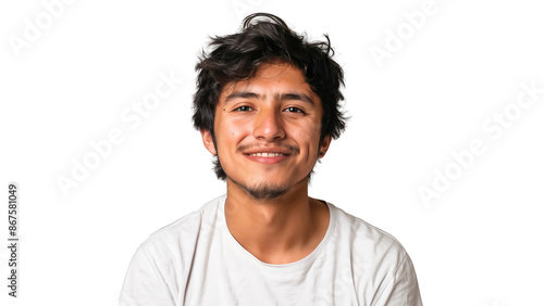 Close-up portrait of a young handsome man with a smiling on face, happy expression isolated on transparent background 