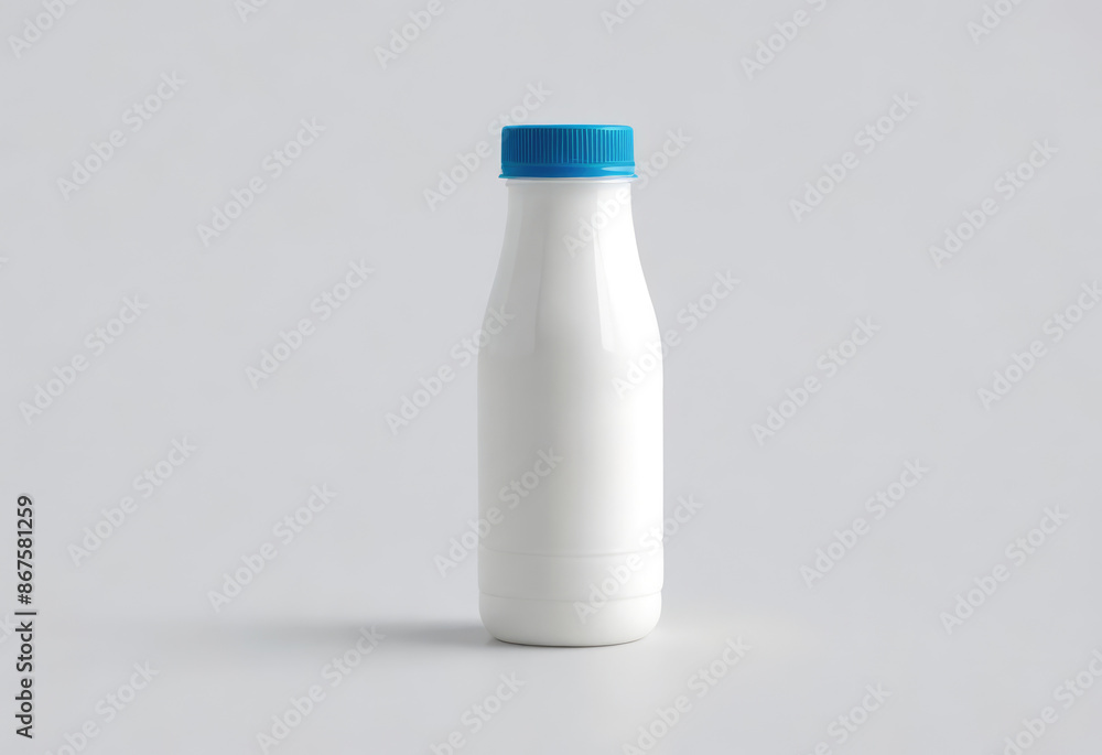 White plastic beverage milk buttermilk fruit juice bottle with blue cap. empty, blank label, white sticker area for brand logo. Isolated on gray background. Concept of mockup mock-up montage template White plastic beverage milk buttermilk fruit juice bottle with blue cap. empty, blank label, white sticker area for brand logo. Isolated on gray background. Concept of mockup mock-up montage template