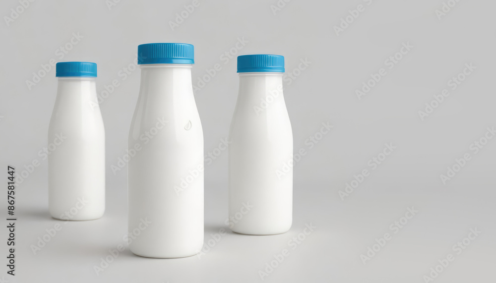 2 White plastic beverage milk buttermilk fruit juice bottle with blue cap. empty blank label, white sticker area for brand logo. Isolated on gray background. Concept of mockup mock-up montage template 2 White plastic beverage milk buttermilk fruit juice bottle with blue cap. empty blank label, white sticker area for brand logo. Isolated on gray background. Concept of mockup mock-up montage template