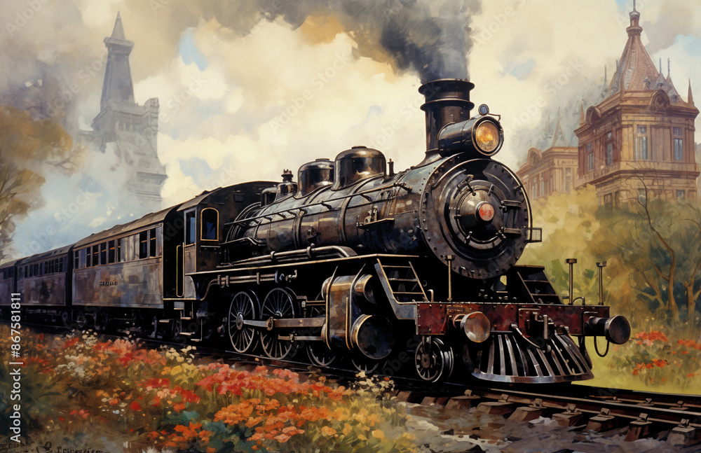 Naklejka premium a painting of a train on a train track with a castle in the background and flowers in the foreground