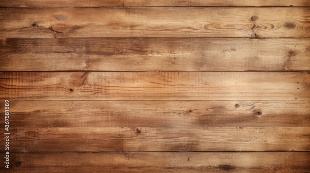 Fototapeta premium This image features light brown wooden planks arranged horizontally, showcasing natural knot patterns and grains, giving it a rustic and earthy appearance suitable for interior design.
