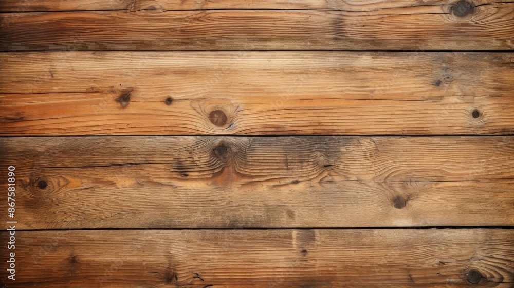 Naklejka premium The image displays wooden planks placed horizontally, featuring visible knots and darkened edges, giving an appearance of a well-aged and weathered wooden surface ideal for backgrounds.