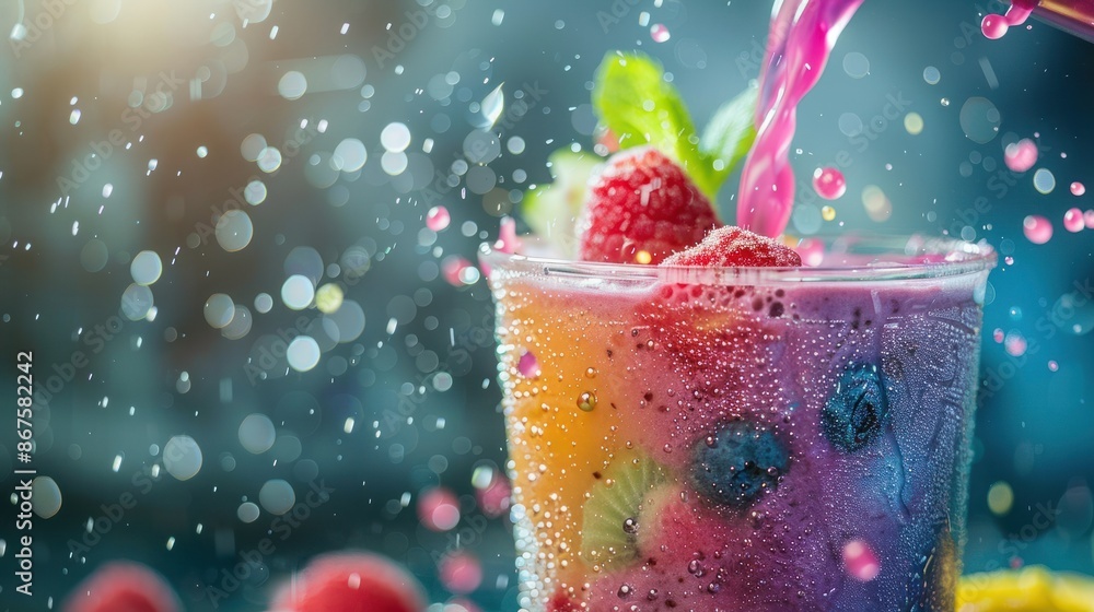 A colorful smoothie being poured into a glass with layers of vibrant hues and topped with fresh berries and mint leaves. A colorful smoothie being poured into a glass with layers of vibrant hues and topped with fresh berries and mint leaves.